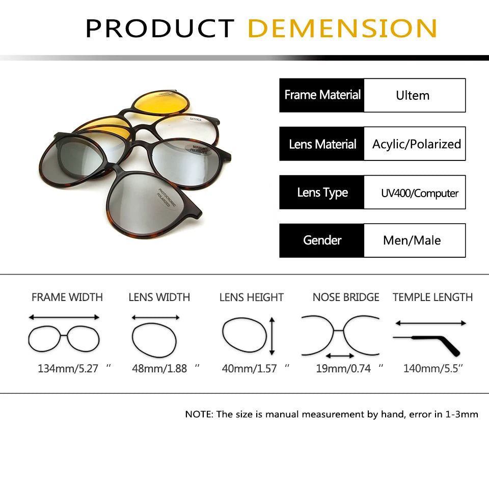 4 clips Brand Magnet Polarized Clip On Sunglasses Round Women Ultem Computer Glasses Men Anti  Blue Light Glasses Prescription