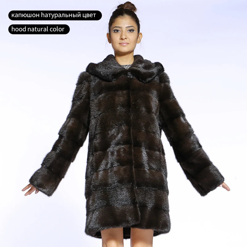 Real Mink Fur Coat Women Winter Natural Mink Coats Hood Genuine Fur Mink Jackets Plus Size Long Vintage Thick Warm Outwear 2024