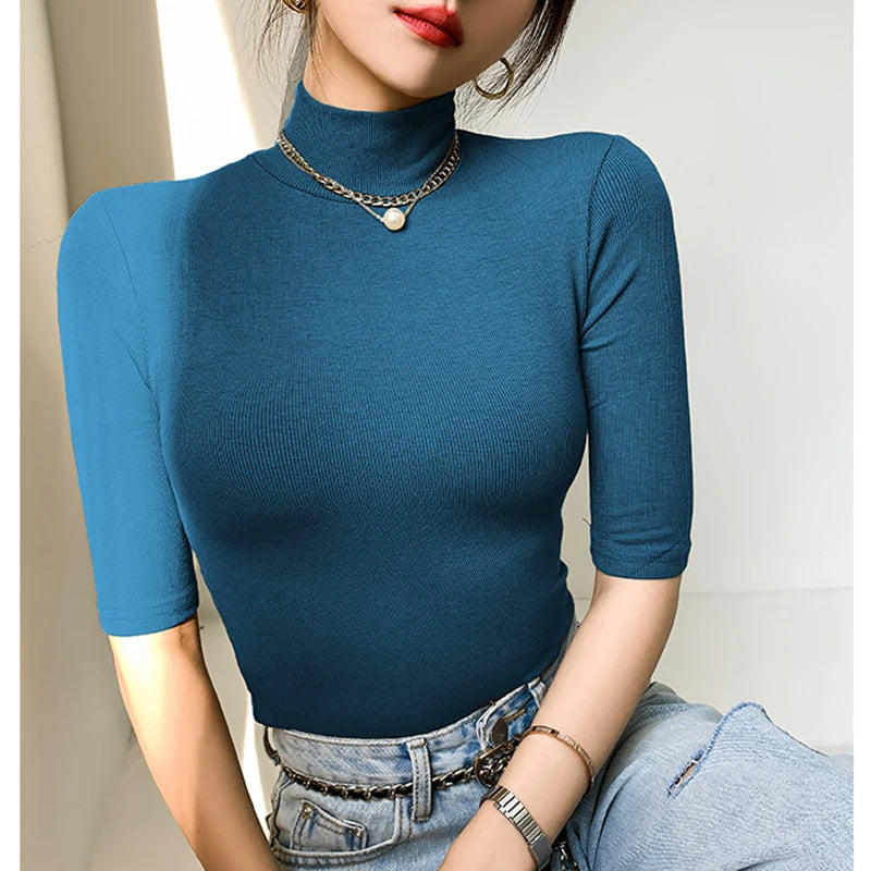Spring Autumn Black Turtleneck Tops Short Sleeve Slim Tshirt Women Korean Style Basic Elasticity Tee Shirt Femme Mujer Camisetas