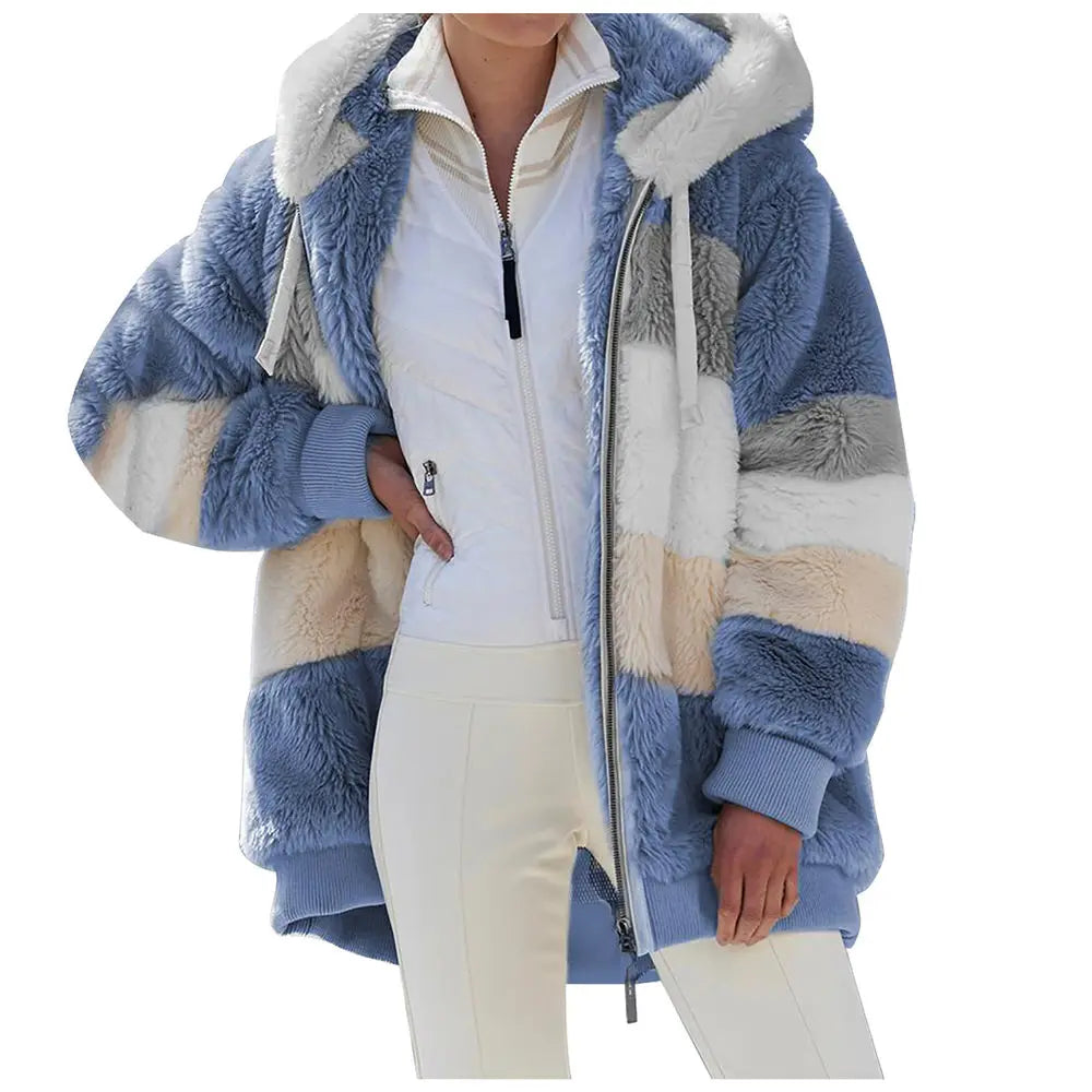 Women Winter Oversized Sherpa Sweater Plus Size 5XL Fleece Zipper Cardigan Hooded Coat Faux Fur Teddy Jacket