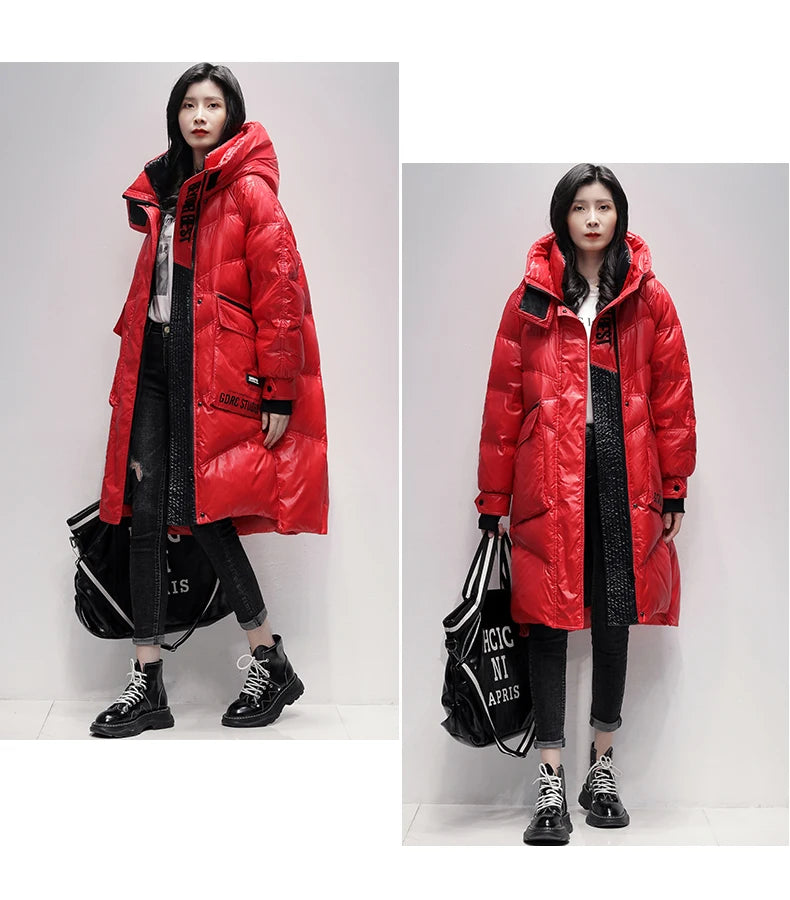 Winter Black Long 90% White Duck down Jacket Women Streetwear 2024 New Fashion Loose Letter Windproof Parkas Hooded Down Coats