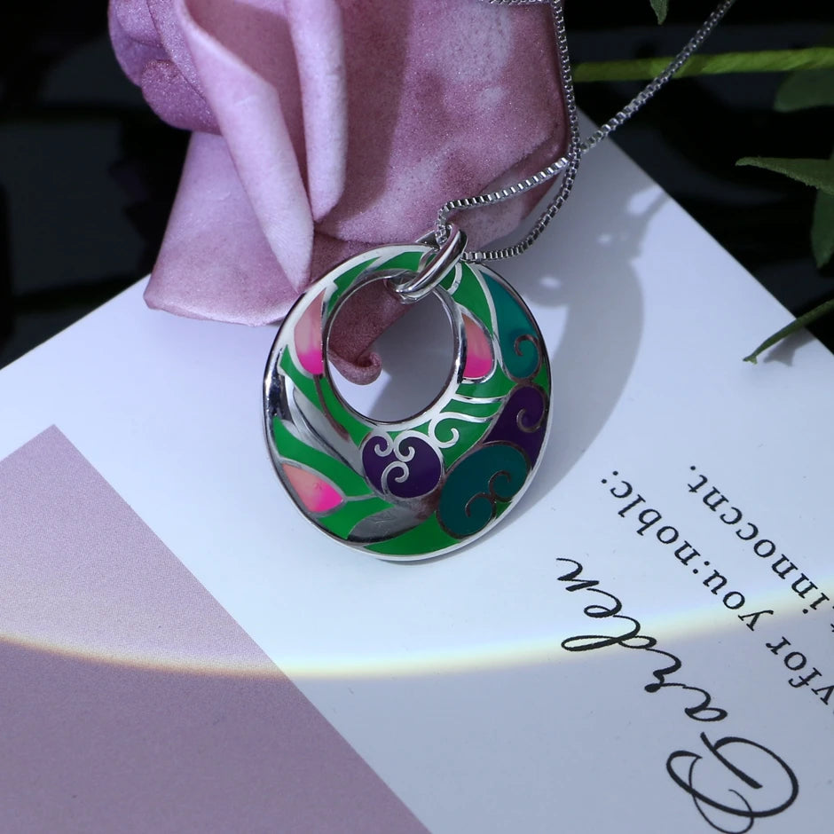 LMFALECA Pure 925 Silver Necklace for Women Luxury Shining Multicolor Transparent Enamel Pendant Box Chain Fine Party Jewelry