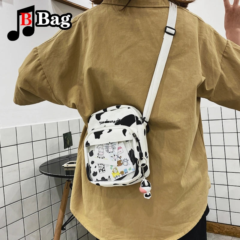 Women Girls Cartoon Cow Print Shoulder Crossbody Bag Cute cow card transparent canvas Satchel itabag