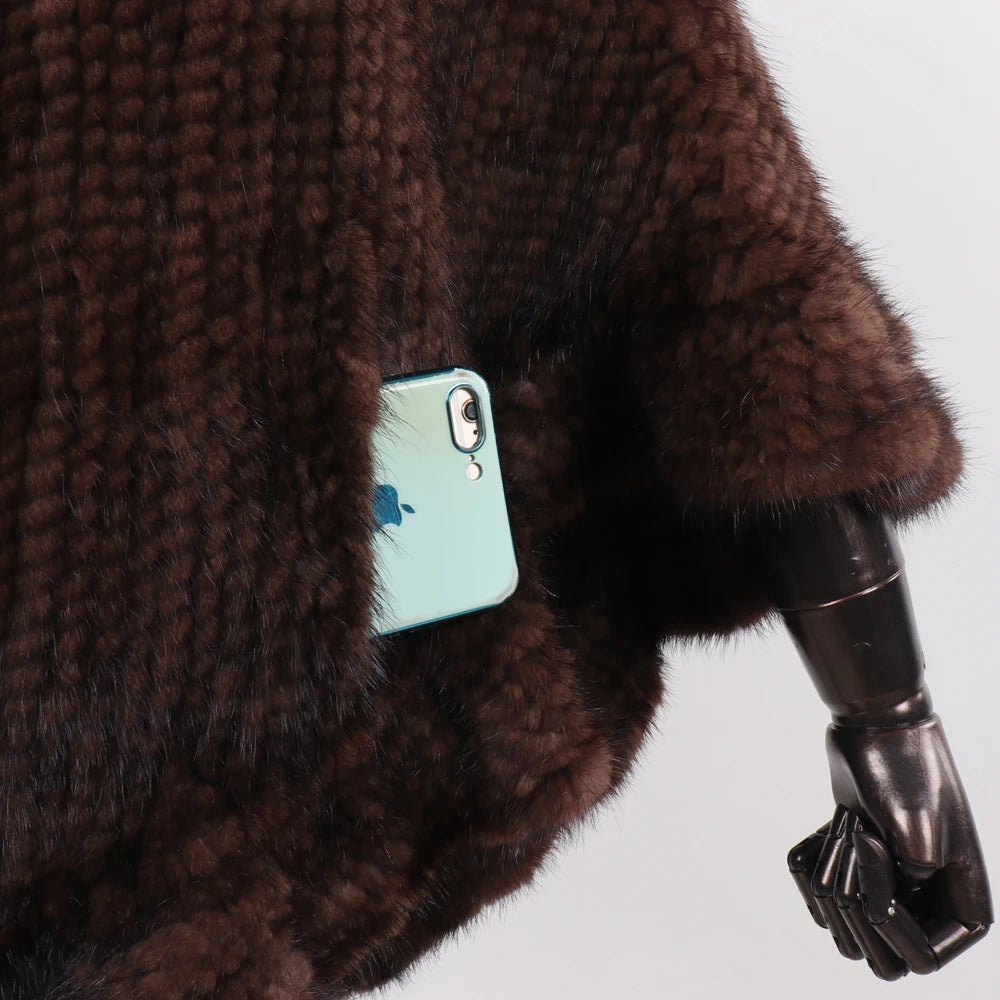 Hot Sale Women Natural Mink Fur Hooded Pashmina Coat 100% Genuine Mink Fur Shawl Lady Luxury Hand Knitted Real Mink Fur Poncho