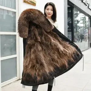 HANZANGL Women Fur Coat 2022 Winter New Real Raccoon Fox Fur Detachable Liner Long Parkas Women Clothing 12 Color  S-4XL