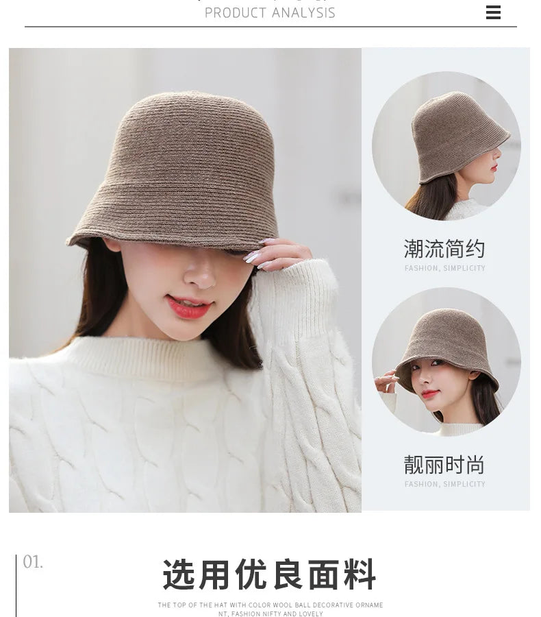 X093 New Fisherman's Hat for Women  Winter Warm Knitted Hat Covers Her Face Japanese Bucket Basin Hat Literary Brim Caps