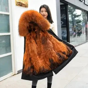 HANZANGL Women Fur Coat 2022 Winter New Real Raccoon Fox Fur Detachable Liner Long Parkas Women Clothing 12 Color  S-4XL