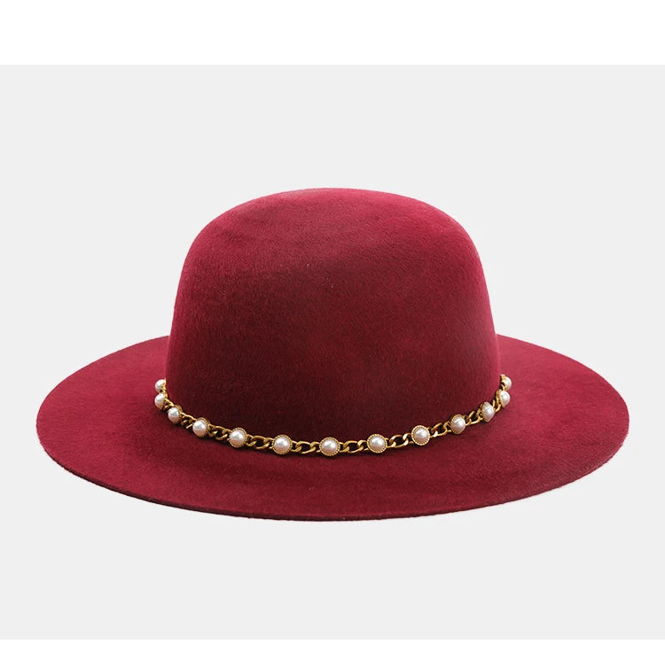 USPOP Autumn Winter Women Wool Fedoras Female Casual Pearl Chain Red Fedora Hat