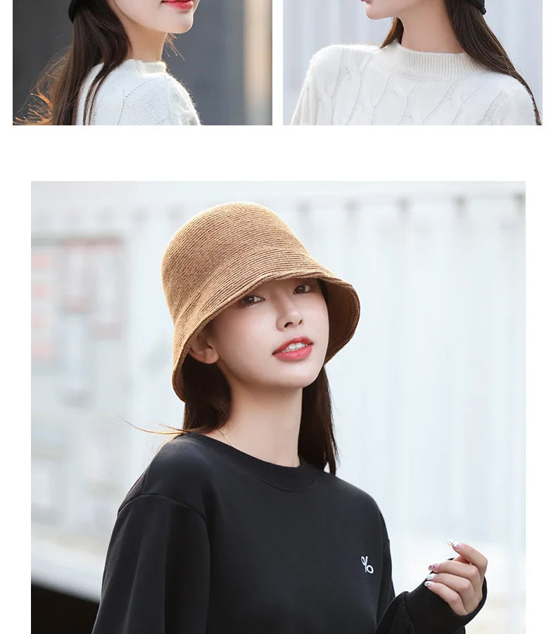 X093 New Fisherman's Hat for Women  Winter Warm Knitted Hat Covers Her Face Japanese Bucket Basin Hat Literary Brim Caps