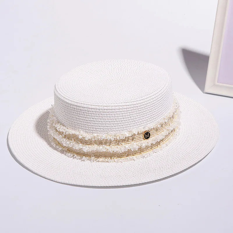 NEW Letter M Straw Hat Lady Black British Style Cap Beach White Women Flat Top  Female Wide Brim Outdoor Sunhat