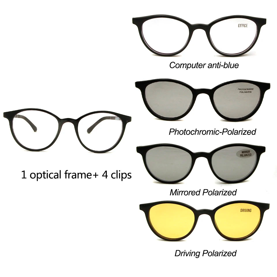 4 clips Brand Magnet Polarized Clip On Sunglasses Round Women Ultem Computer Glasses Men Anti  Blue Light Glasses Prescription