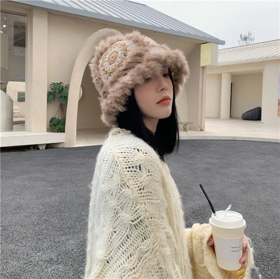 2021 Handmade hook flower 100% Natural Fur Hats Knitted Warm Genuine Mink Fur Cap Russian Women Luxury Panama Fur Hat wool kpop