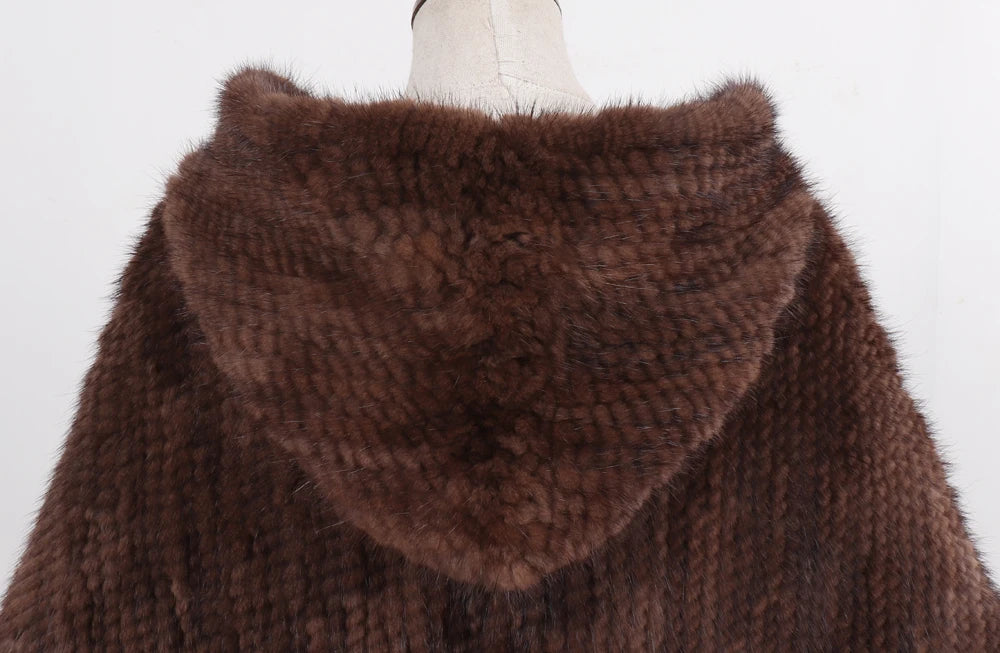 Hot Sale Women Natural Mink Fur Hooded Pashmina Coat 100% Genuine Mink Fur Shawl Lady Luxury Hand Knitted Real Mink Fur Poncho