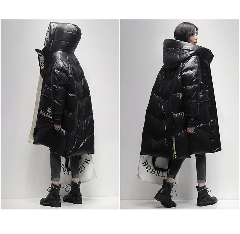 Winter Black Long 90% White Duck down Jacket Women Streetwear 2024 New Fashion Loose Letter Windproof Parkas Hooded Down Coats