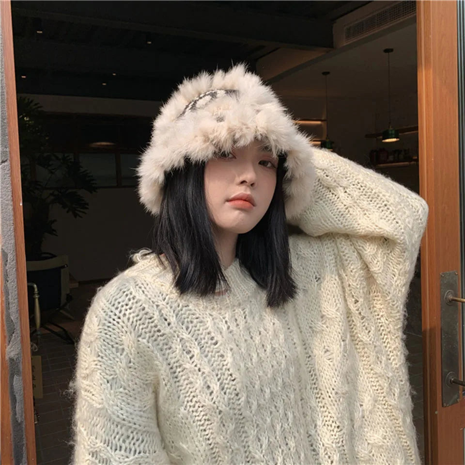 2021 Handmade hook flower 100% Natural Fur Hats Knitted Warm Genuine Mink Fur Cap Russian Women Luxury Panama Fur Hat wool kpop