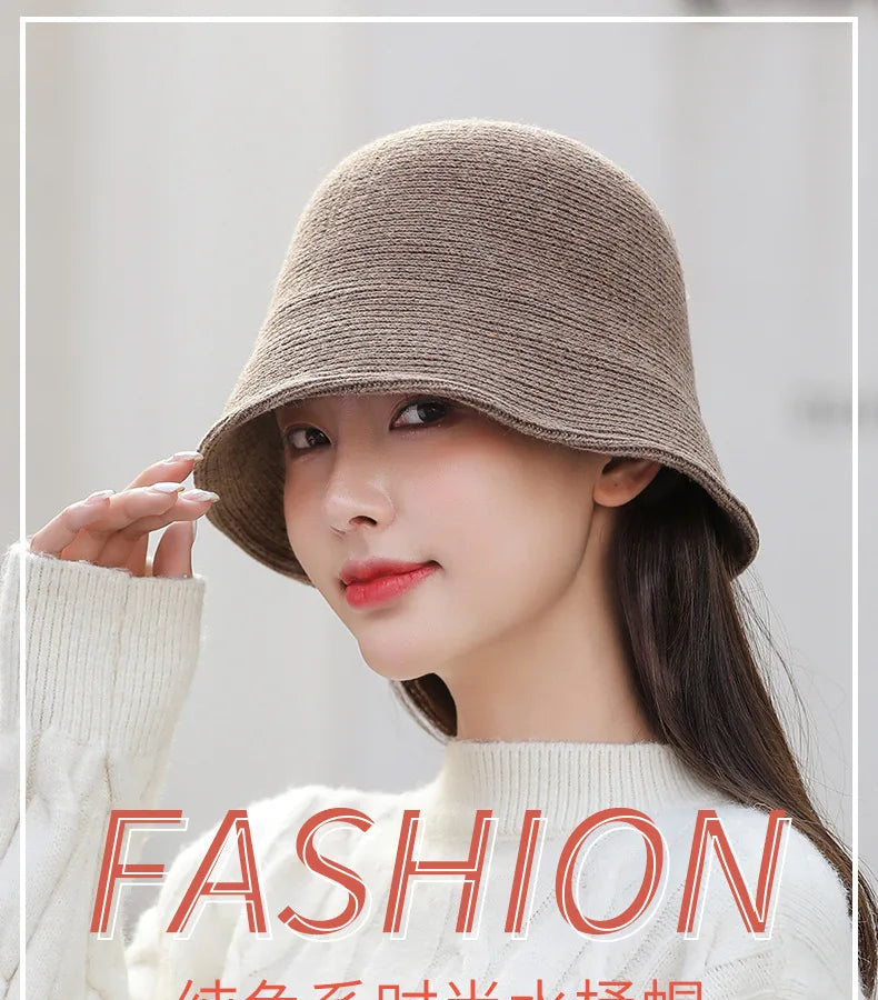 X093 New Fisherman's Hat for Women  Winter Warm Knitted Hat Covers Her Face Japanese Bucket Basin Hat Literary Brim Caps