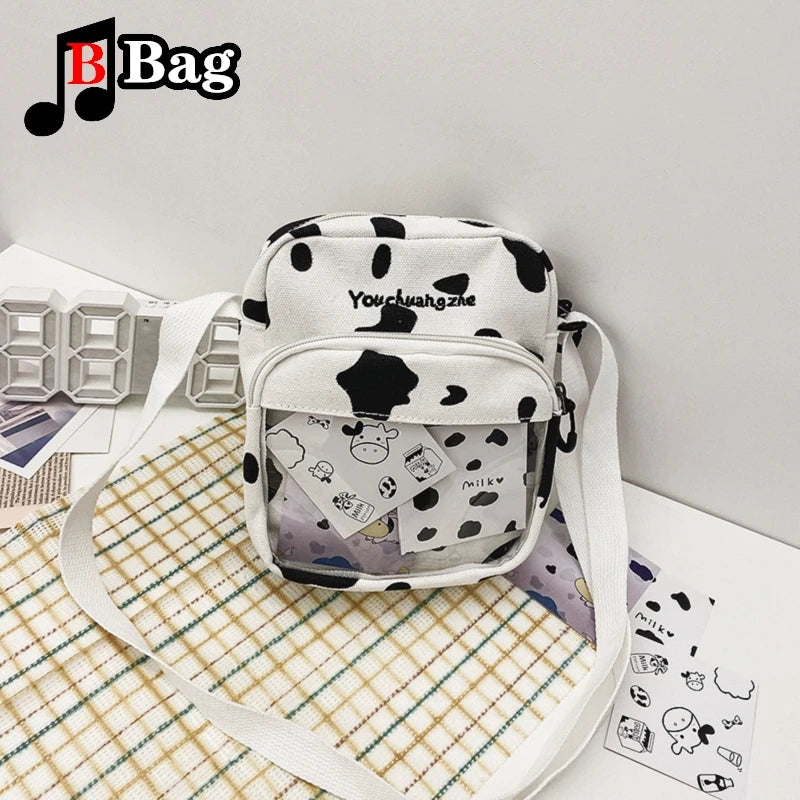 Women Girls Cartoon Cow Print Shoulder Crossbody Bag Cute cow card transparent canvas Satchel itabag