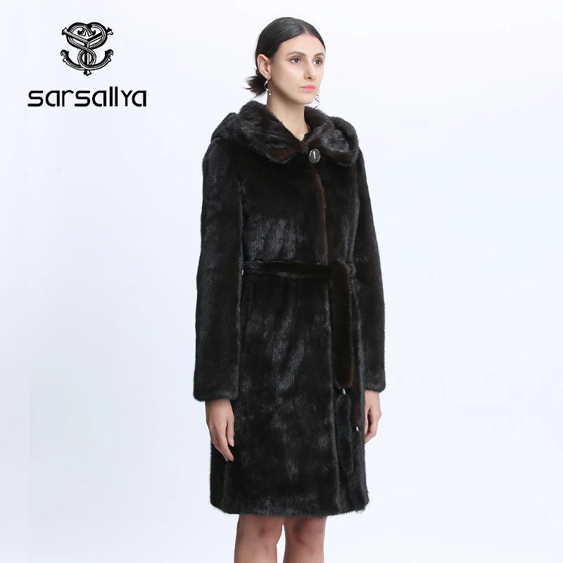 Mink Coats Women Natural Mink Jacket With Hood Female Real Mink Fur Coat With Belt Ladies Winter Warm Genuine Fur Coat Luxury