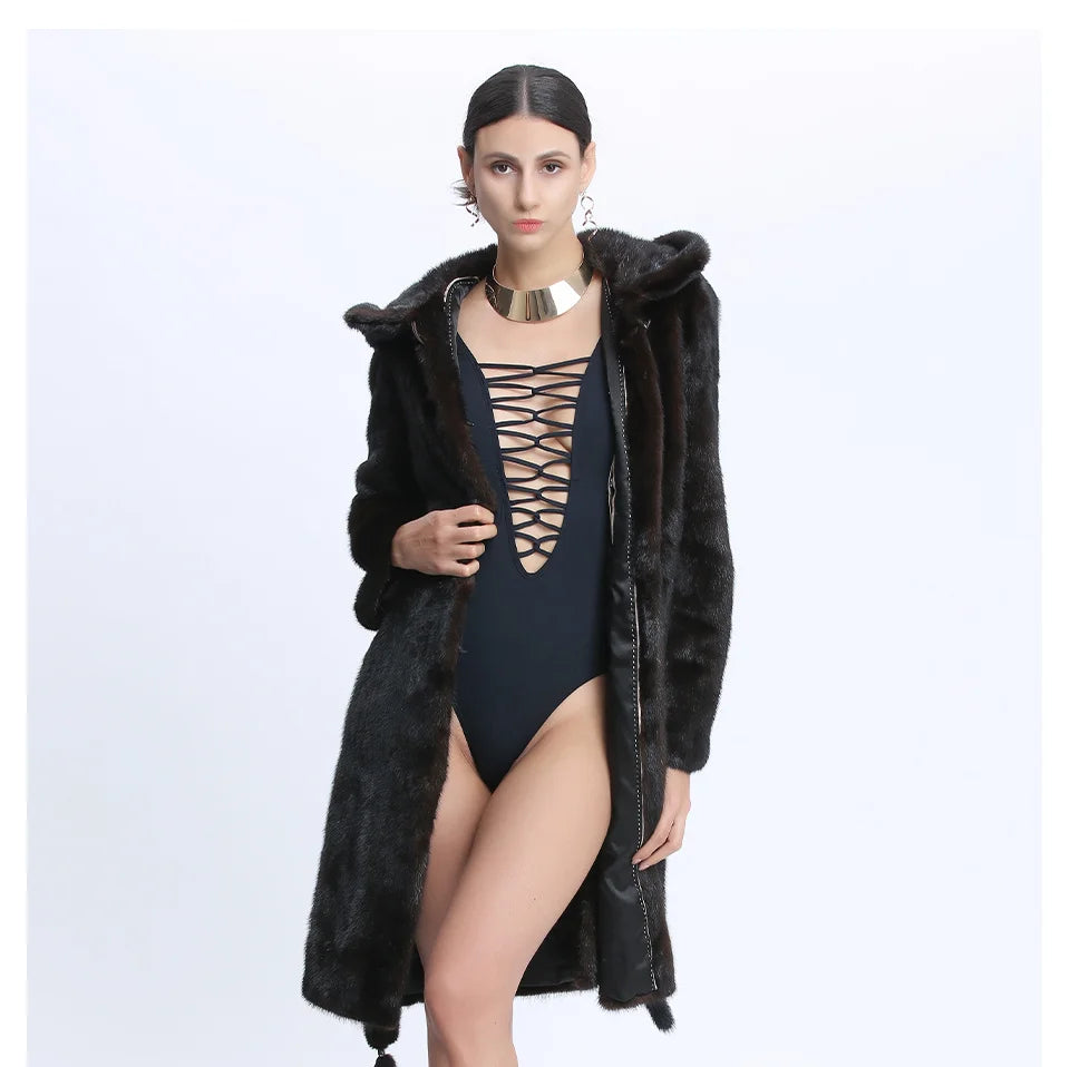 Mink Coats Women Natural Mink Jacket With Hood Female Real Mink Fur Coat With Belt Ladies Winter Warm Genuine Fur Coat Luxury
