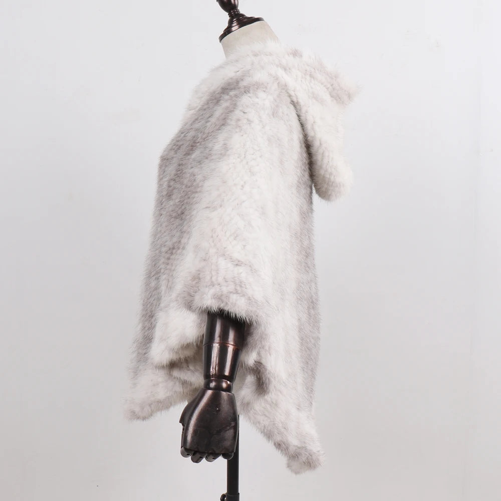 Hot Sale Women Natural Mink Fur Hooded Pashmina Coat 100% Genuine Mink Fur Shawl Lady Luxury Hand Knitted Real Mink Fur Poncho