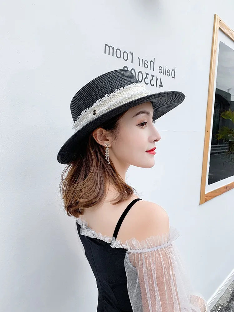 NEW Letter M Straw Hat Lady Black British Style Cap Beach White Women Flat Top  Female Wide Brim Outdoor Sunhat