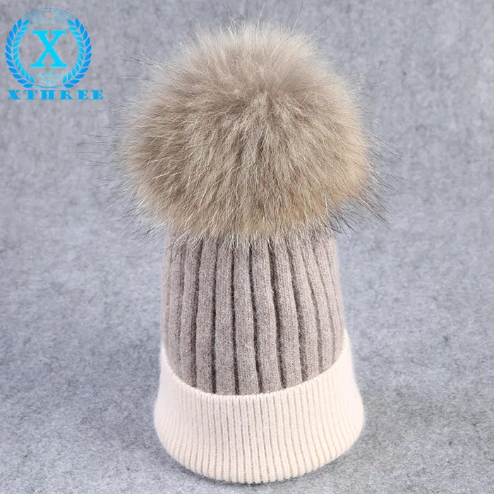 Xthree Winter Knitted Hat Cashmere Beanies  With Real Raccoon Fur Pom Poms Skullies Hat for Women Girls Hat Feminino