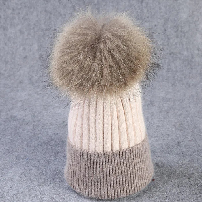 Xthree Winter Knitted Hat Cashmere Beanies  With Real Raccoon Fur Pom Poms Skullies Hat for Women Girls Hat Feminino