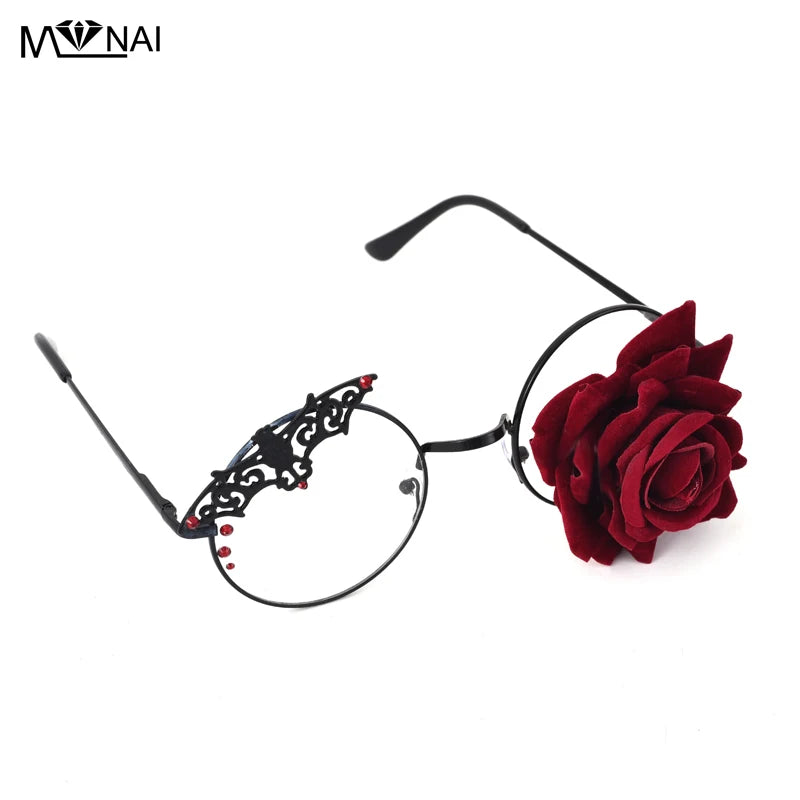 Retro Women Round Rose Steampunk Glasses Frame Ladies Lolita Harajuku Style Bat Decoration Eyewear