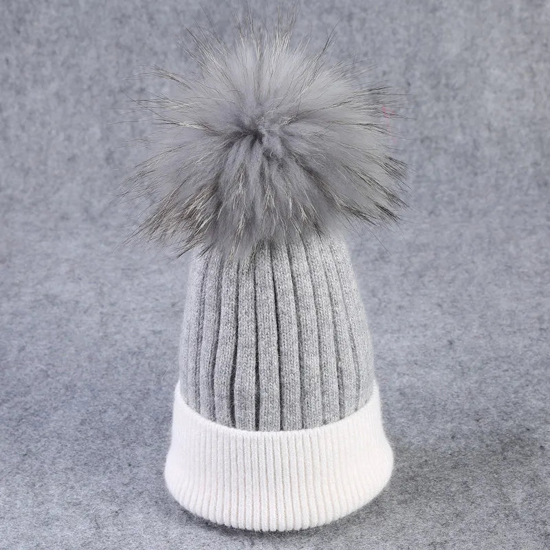 Xthree Winter Knitted Hat Cashmere Beanies  With Real Raccoon Fur Pom Poms Skullies Hat for Women Girls Hat Feminino