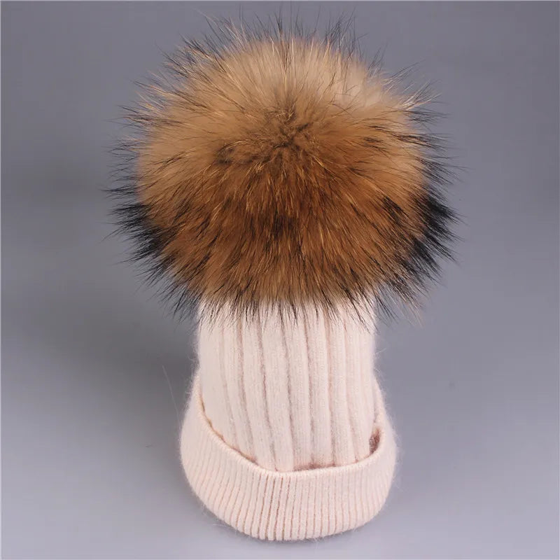 Xthree Winter Knitted Hat Cashmere Beanies  With Real Raccoon Fur Pom Poms Skullies Hat for Women Girls Hat Feminino