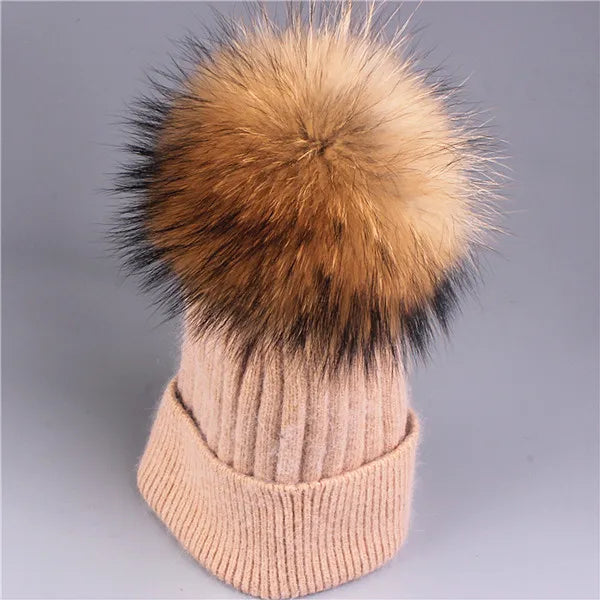 Xthree Winter Knitted Hat Cashmere Beanies  With Real Raccoon Fur Pom Poms Skullies Hat for Women Girls Hat Feminino