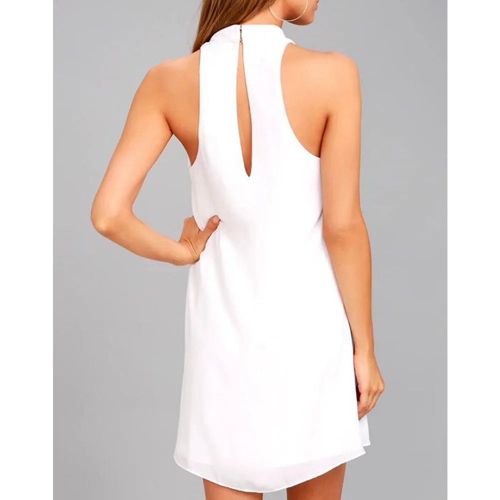 New 2021 Choker Neck Sleeveless A Line Slim Dress Casual Summer Pencil Office Dress V Neck Sexy Elegant White Dress