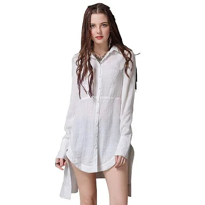 Women's Blouse 2018 Yuzi.may Boho New Cotton Linen Blusas Turn-down Collar Long Sleeve Asymmetrical Hem Women Shirt B9255