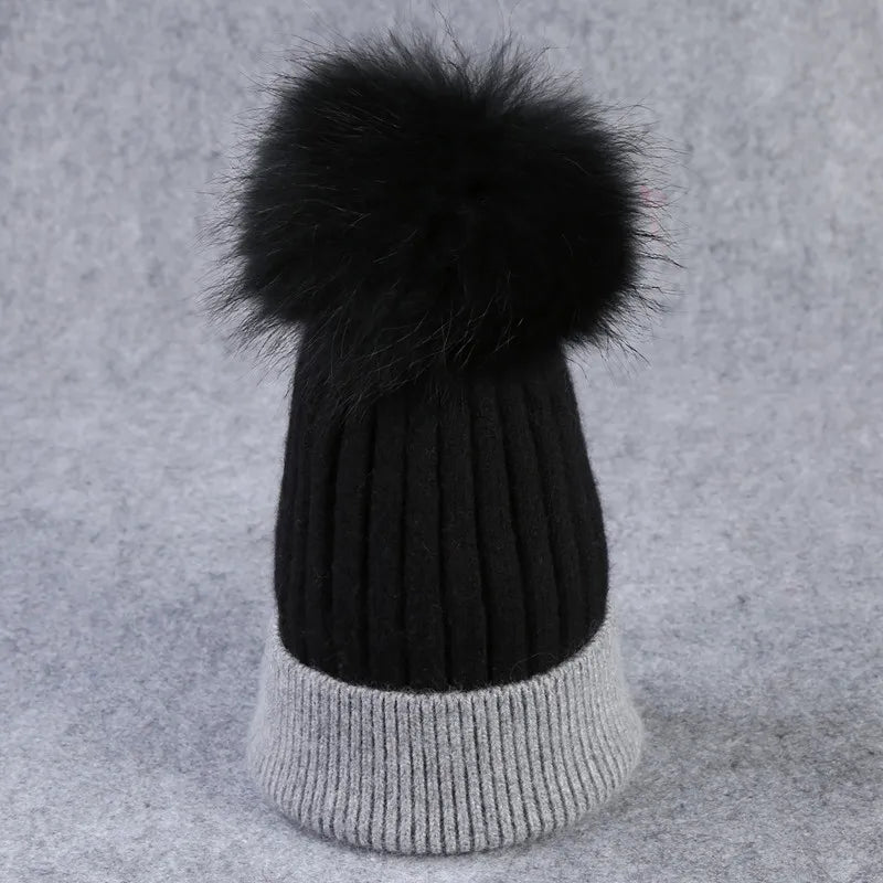 Xthree Winter Knitted Hat Cashmere Beanies  With Real Raccoon Fur Pom Poms Skullies Hat for Women Girls Hat Feminino