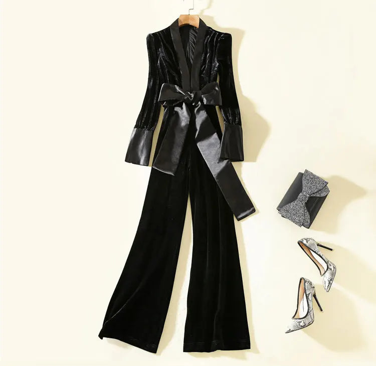 Women Romper Sexy V Neck Velvet Jumpsuit Flare Sleeve Belt Work Party Ropmers Fashion Streetwear Long Pant  Overalls  2020