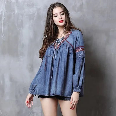 Shirt Women 2018 Yuzi.may Boho New Denim Women Blouse V-Neck Long Lantern Sleeve Vintage Embroidery Loose Blusa Feminina B9261