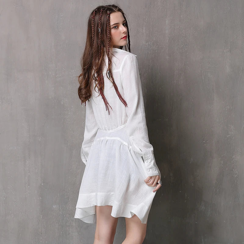 Women's Blouse 2018 Yuzi.may Boho New Cotton Linen Blusas Turn-down Collar Long Sleeve Asymmetrical Hem Women Shirt B9255