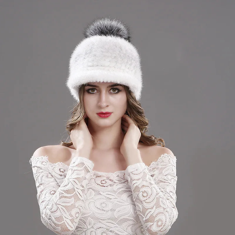 Winter New Mink Fur Knitted Visor Hat Women Fashion Fox Fur Ball Pompom Cap Female Thickened Warm Outdoor Casual Lady Caps H7058