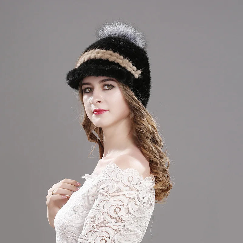 Winter New Mink Fur Knitted Visor Hat Women Fashion Fox Fur Ball Pompom Cap Female Thickened Warm Outdoor Casual Lady Caps H7058