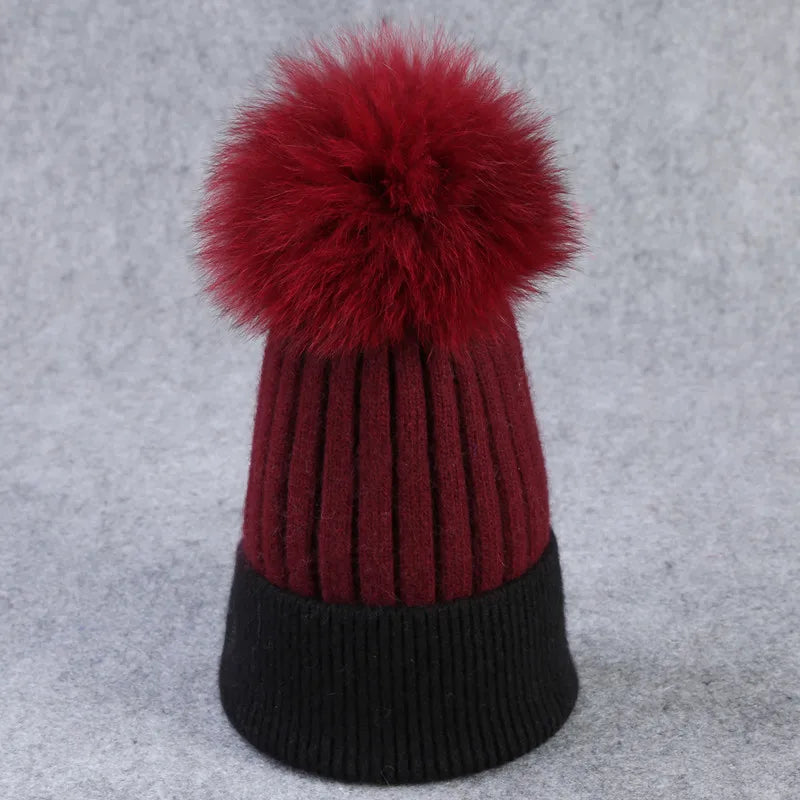 Xthree Winter Knitted Hat Cashmere Beanies  With Real Raccoon Fur Pom Poms Skullies Hat for Women Girls Hat Feminino