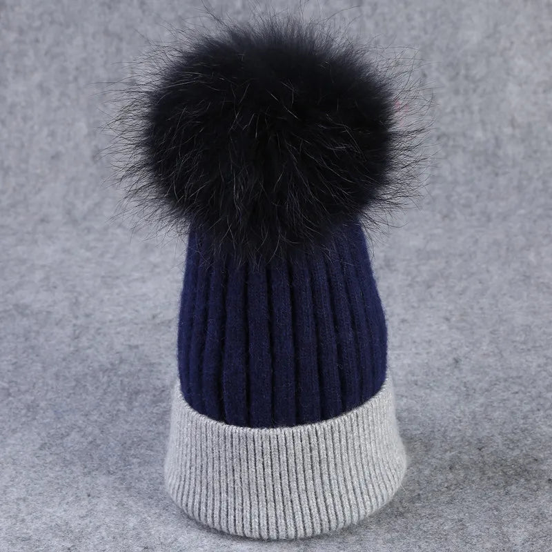 Xthree Winter Knitted Hat Cashmere Beanies  With Real Raccoon Fur Pom Poms Skullies Hat for Women Girls Hat Feminino
