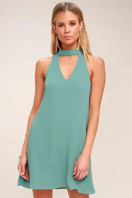 New 2021 Choker Neck Sleeveless A Line Slim Dress Casual Summer Pencil Office Dress V Neck Sexy Elegant White Dress