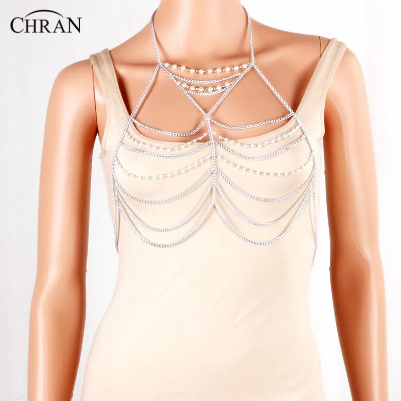 Chran Luxury Fashion Stunning Sexy Body Belly Silver Gold Tone Beach Chain Bra Pearl Slave Harness Necklace Tassel Waist Jewelry
