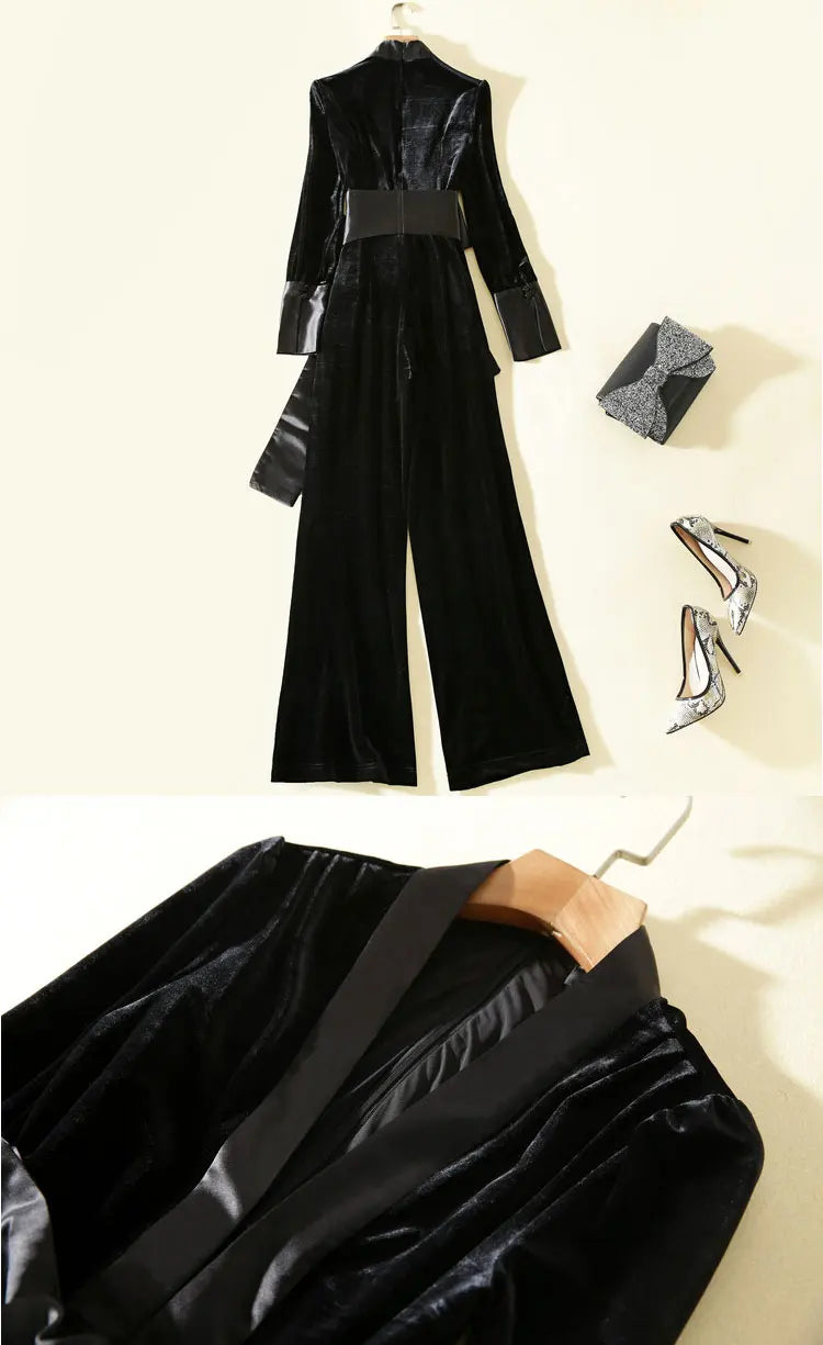 Women Romper Sexy V Neck Velvet Jumpsuit Flare Sleeve Belt Work Party Ropmers Fashion Streetwear Long Pant  Overalls  2020
