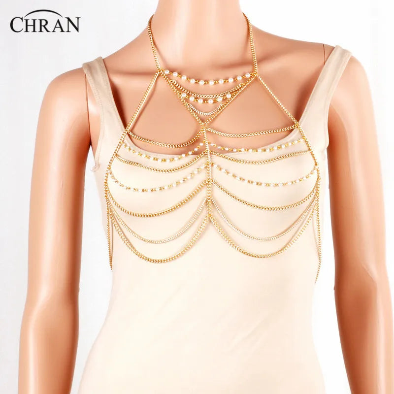 Chran Luxury Fashion Stunning Sexy Body Belly Silver Gold Tone Beach Chain Bra Pearl Slave Harness Necklace Tassel Waist Jewelry