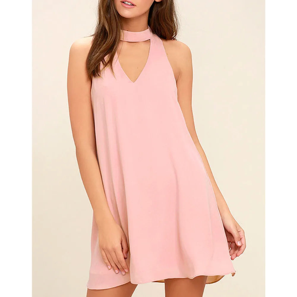 New 2021 Choker Neck Sleeveless A Line Slim Dress Casual Summer Pencil Office Dress V Neck Sexy Elegant White Dress