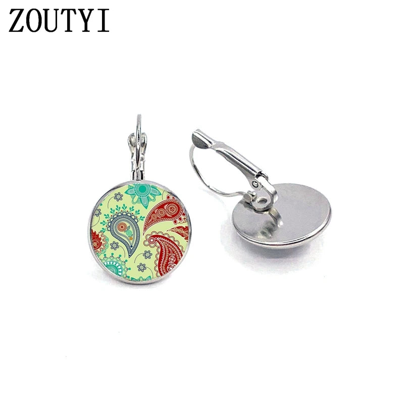 New/Hot Sale Colorful Indian Mandala Om Henna Yoga, convex glass inlay earrings, men and women wear jewelry.