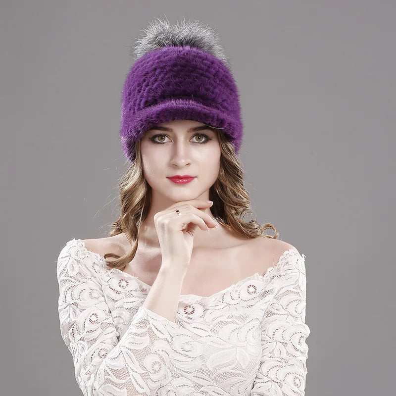 Winter New Mink Fur Knitted Visor Hat Women Fashion Fox Fur Ball Pompom Cap Female Thickened Warm Outdoor Casual Lady Caps H7058