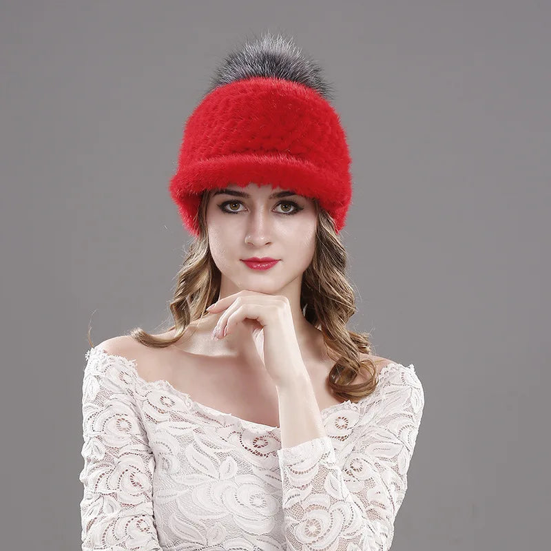 Winter New Mink Fur Knitted Visor Hat Women Fashion Fox Fur Ball Pompom Cap Female Thickened Warm Outdoor Casual Lady Caps H7058