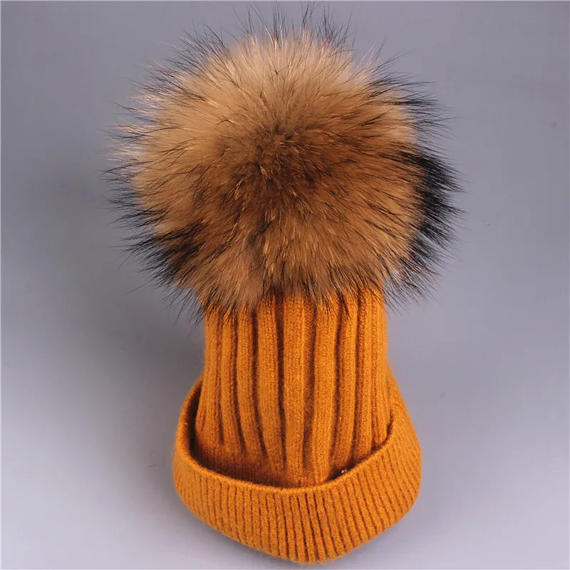 Xthree Winter Knitted Hat Cashmere Beanies  With Real Raccoon Fur Pom Poms Skullies Hat for Women Girls Hat Feminino